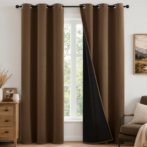 Image of MIULEE Brown 100% Blackout Curtains for Bedroom 96 Inch Long 2 Panels Set | 2 Thick Layers Thermal Insulated Window Curtains with Black Liner, Noise Reducing Grommet, Drapes for Living Room