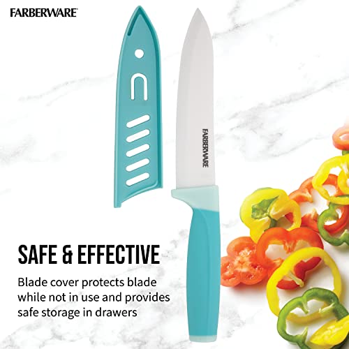 Farberware Ceramic Chef Knife With Custom-Fit Blade Cover, Razor-Sharp Kitchen Knife With Ergonomic, Soft-Grip Handle, Dishwasher-Safe, 6-Inch, Aqua #TOP4