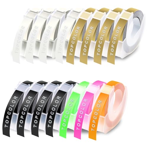 Topcolor 15-Pack 3D Label Tape Compatible for Dymo Embossing Label Tape 3/8 Inch Durable Self-Adhesive Plastic Tape for Embossing Label Maker Organizer Xpress Pro 12965 12966 Office-Mate II 154000