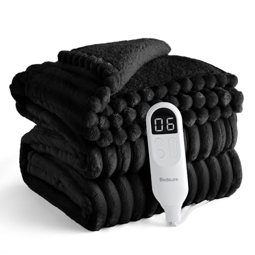 Image of Bedsure Electric Blanket Twin - Thick Striped Flannel Electric Blanket, Heating with 10 Time Settings, 6 Heat Settings, and 8-Hour Timer Auto Shut Off, Gifts for Grandma (62x84 inches, Black)