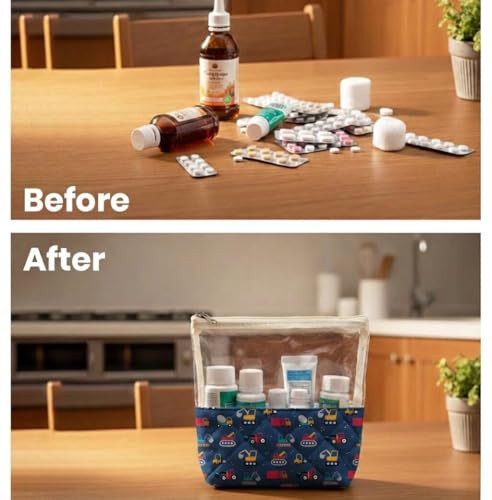 Image of Medicine Kit | Multipurpose All-in-One Compact, Foldable, Durable, Lightweight, Waterproof, Bag | Travel Friendly Pouch | Ideal for Stationary, Diaper, Medicines (Transport Print)