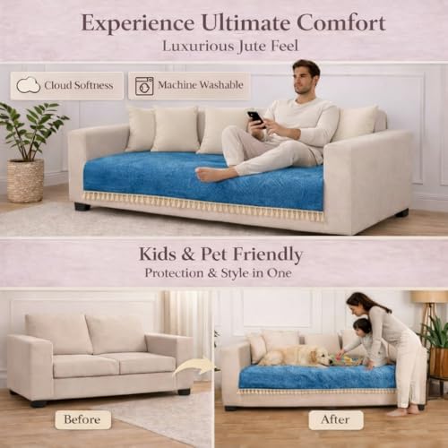Image of STITCHNEST Jute Sofa Cover - Blue, 70x60 Inch | Soft Textured Fabric with Tassel| Full Coverage Sofa for Living Room Decor