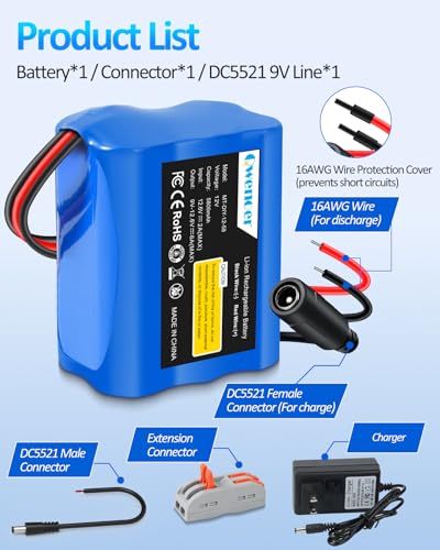 Image of 5800mAh 12V Lithium Battery, 12V Battery Pack with 12 Volt Battery Charger and Bare Leads Wire, 12Volt Rechargeable Battery for 12 Volt Devices RC Car, Boat, Robot, DIY, LED Light Strip, CCTV Camera