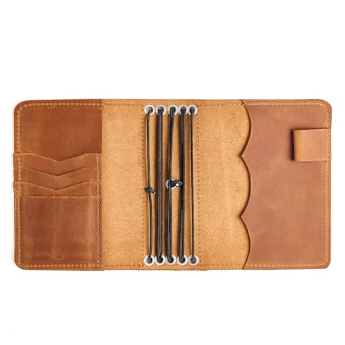 TORAKIP Leather Journal Cover A6 Handmade Refillable Notebook Cover Fits A6 Inserts 4.1 x 5.8 With 2.2 Spine 5 Elastic Bands Pen Holder & Card Pockets (Paper Not Included) Caramel Brown