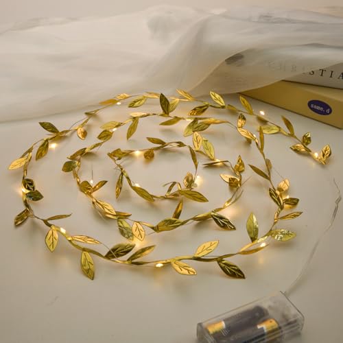AdasBridal 6.56ft Gold Leaf String Lights 20 LED Fairy Lights Battery Operated Artificial Plant Vine Light for Wedding Birthday Party Decoration Indoor Outdoor Table Decor DIY Crafts, 2pcs