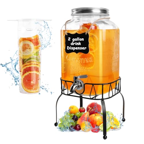 2 Gallon Glass Beverage Dispenser Jars, Ice Juice Dispenser with Stainless Steel Faucet and Metal Stand for Parties & Wedding (1 Pack Jar)