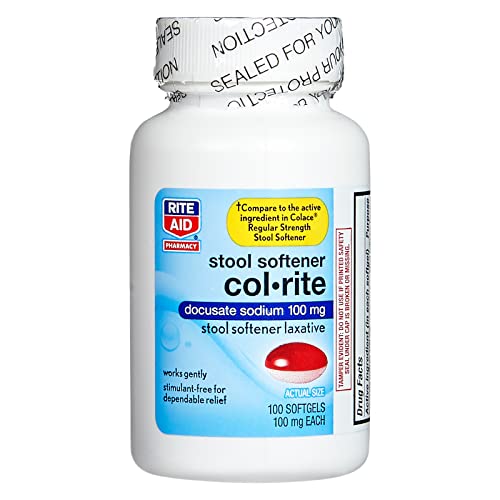 Rite Aid Col-Rite Stool Softener Capsules, 100 mg - 100 Count | Stool Softeners Softgels | Colace Stool Softener | Laxatives for Constipation | Personal Care | Stimulant Free for Dependable Relief