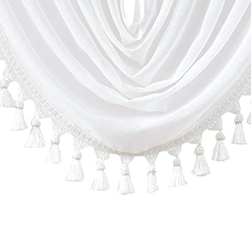 Central Park White Solid Waterfall Valance Window Curtain Linen Texture Rod Pocket with Tassel Accessories for Living and Bedroom Semi Sheer Kitchen Curtain, 56\"x38\", 1 Piece