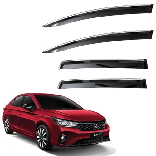 Image of CAR SAAZ Unbreakable Chrome Smoke Door Visor for City (2023-Present)| Premium Sun, Rain Wind Deflector Chrome Strip Side Door Rain Visor - Set of 4 Pcs