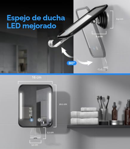 Miniatura 3 de Gospire Espejo De Ducha Con Calefacción Sin Niebla Para Afeitarse Con Luz, Batería Recargable De 5000 Mah, Ventosa Desmontable Y Soporte Para Maquinilla De Afeitar Para Pared, Sin Perforación,
