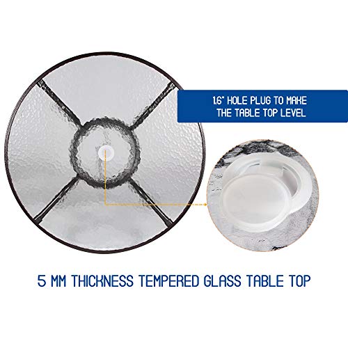 Homevibes 32" Outdoor Patio Dining Table Tempered Glass Top Bistro Table Top Umbrella Stand Round Deck Furniture Garden Table Metal Frame, Dark Chocolate #TOP4