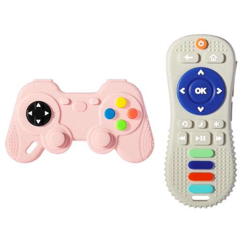 Image of HARPPA 2 Pack Baby Teething Toys, Remote Control and Gamepad Teether for Babies 0-6 6-12 Months, Teether for Newborns Sucking Needs, BPA Free (Pink and Grey)