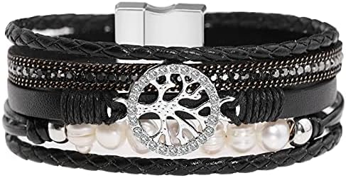 Gleamart Boho Leather Bracelet Multilayer Wrap Bangle with Magnetic Buckle