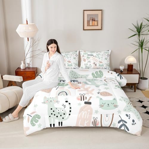 Image of Feelyou Cartoon Rainbow Kitten Print Comforter Set - Toddler Size, Kawaii Pet Cats and Flowers Duvet Set