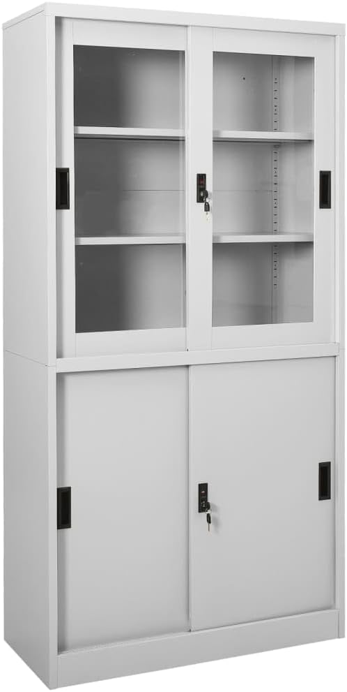 vidaXL Steel Office Cabinet with Adjustable Shelves and Locks, Light Gray - Large, Industrial Style, 35.4"x15.7"x70.9" Office Filing Cabinet with 4 Sliding Doors