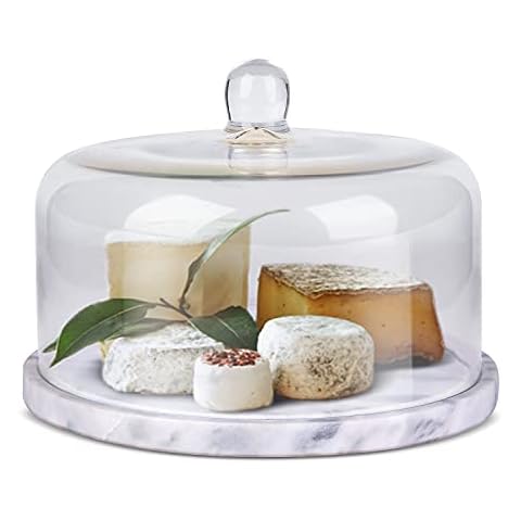 Flexzion Marble Cheese Holder Cake Stand with Lid Glass Cover, Cheese Dome, Cake Saver Serving Platter, Stone Cake Stand Cutting Board Slab for Kitchen, Dining Room Bakery Pastries Display, 8.7 Inches Cover