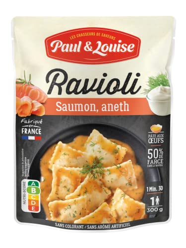 Paul & Louise Ravioli Saumon, Aneth 300g - Sachet micro-ondable - Prêt en 1 minute 30 - Pâte aux œufs - 50% de farce - Sans colorant - Sans arôme artificiel - Nutriscore B