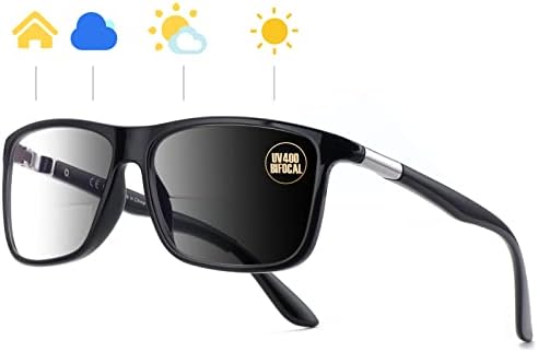 Missfive Photochromic Bifocal Reading Glasses Men Blue Light Protection, Designer Transition Retro Computer Readers Far and Near Dual-Use Lens Stylish Vintage Eyeglasses Glossy Black Eyewear, 1.5x