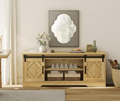 Image of WAMPAT Farmhouse Style TV Stand for 55-65 inch TV w /Distressed Wood Finish