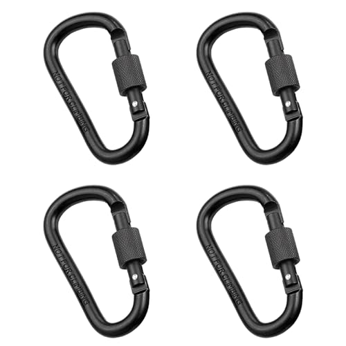 EUZUXU 4 Piezas Mosquetón, Mosquetón con Cierre de Rosca, Hebilla Colgante Multiusos, Llavero Mosquetón de Aluminio, para Camping, Cuerda, Botella de Agua (Negra)
