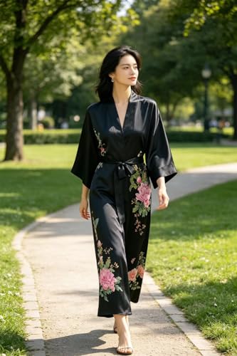 Image of Women's Classic 100% Silk Kimono Robe, Bathrobe-Printed Pattern