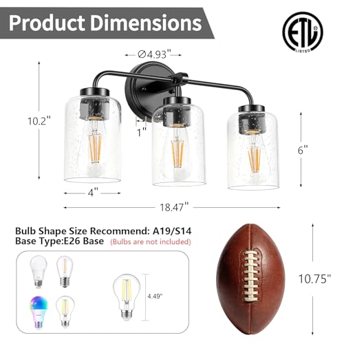 Image of 3-Light Bathroom Vanity Light Fixtures, 18 Inch Black Vanity Light | Thick Seeded Glass, Bathroom Wall Lamp for Mirror, Rust-Proof, Reversible Up /Down Mount, ETL Certified, E26 Ceramic Sockets