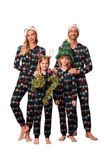 Ekouaer Christmas Matching Family Onesie Pajamas Hoodie One Piece Pajamas Zipper Thermal Sleepwear with Pockets Family Christmas Lights Print Men L