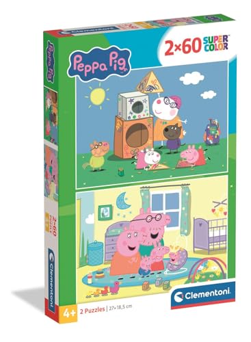Clementoni - Peppa Pig Super Color - Pack de 2 Puzzles de 60 Piezas para Niños, Edad 4+, Escenas de Escuela y Hogar, Materiales Sostenibles, 27 x 19 cm, 24833