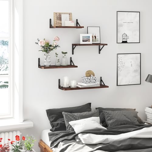 Image of YGEOMER Floating Shelves for Wall, Different Sizes Dark Carbonized Pine Wall Shelves for Living Room, Bathroom, Bedroom, Kitchen, Home Decor (Set of 4)