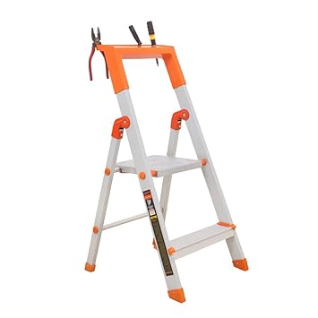 QUALIS Folding Ladder with Tool Tray for Home and Kitchen Use|Heavy Duty Lightweight Anti Skid Shoes 2 Step/2 Feet Ladder|Slip Resistant 150kg Load Capacity(Aluminium Steps,Silver & Orange)