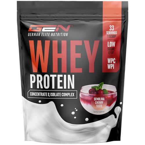 Whey Protein Complex - 1000 g (Semoule au lait avec des Cerises) - Avec part d'isolat - Protéine soluble instantanée en poudre avec BCAA & EAA - German Elite Nutrition