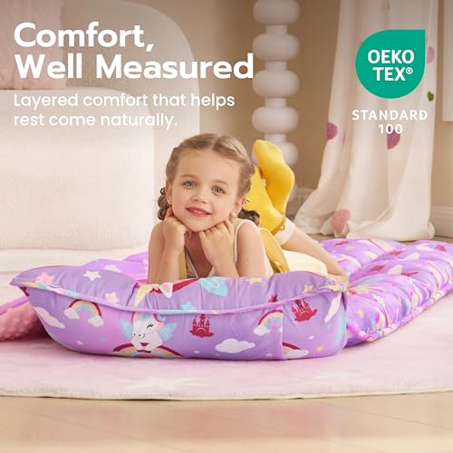 Image of JOIEDOMI Toddler Nap Mat with Removable Pillow and Minky Blanket 55''x30'' Kids Sleeping Bag for Boys and Girls Ages 3-6 Roll Up Soft Nap Mats for Preschool Kindergarten Daycare Sleepover