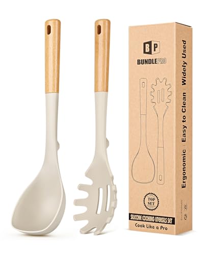 Silicone Soup Ladle and Spaghetti Spoon Set with Wooden Handle, Non Stick Heat Resistant Kitchen Utensils for Cooking, Stirring, Serving Pasta, Soup & Sauce(Khaki)