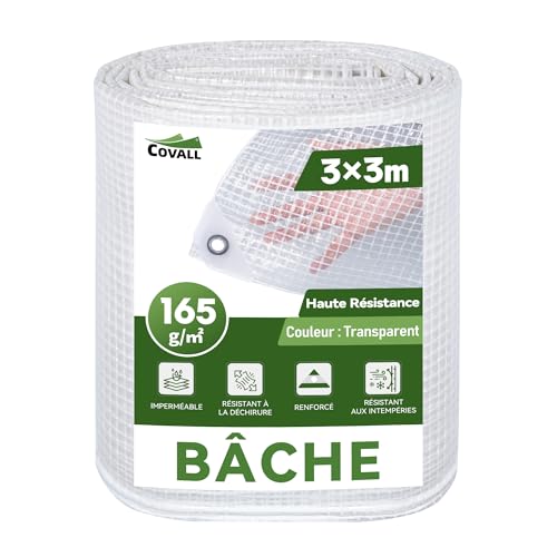 COVALL Bâche Transparente Extérieur 3x3m Dimensions Finies, avec Oeillets, Haute Résistance 165 g/m² Armée, Imperméable, Idéale pour Serre, Jardin,...