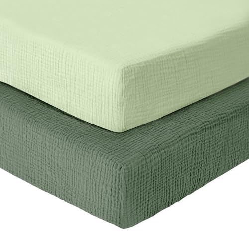 Dreamology Muslin Crib Sheets 2 Pack 100% Cotton Crib Sheet Fitted for Girls Boys Green Crib Sheets for Standard Crib 52x28 Crib Mattress Sheets Standard Crib Sheets | Green and Light Green