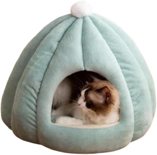 Rtwrsud 猫 テントハウス 冬 可愛い ペット ベット ドーム 寒さ対策 猫 ペットハウス 室内 小型犬 暖かい 犬小屋 洗える キャットベッド 猫寝床 ぐっすり眠れるカボチャ型半密閉犬小屋別荘秋冬ペット猫小屋マット取り外し可能ペット用品 (S,ブル