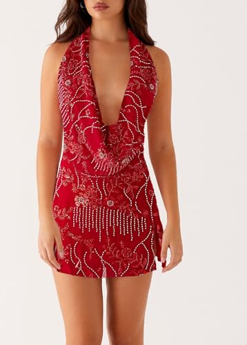 Image of Women Halter Low Neck Mini Dress Sexy Cutout Sleeveless Boho Short Dresses Open Back Night Party Going Out Sundress