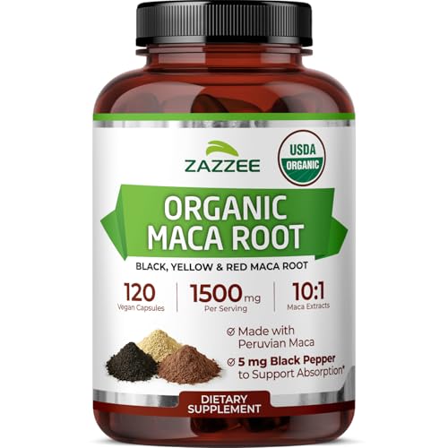Zazzee USDA Organic Maca Root 10:1 Extract, Red, Black & Yellow Maca, 1500 mg per Serving, Peruvian, 120 Vegan Capsules, Black Pepper Extract, Maca Peruana, Energy & Stamina Support, Made in the USA