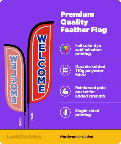 Image of LookOurWay Feather Flag Pole Kit - 7 Feet Tall Advertising Banner with Fiberglass Pole Set and Ground Spike for Business Promotion - Open Flags - Welcome Red & Blue