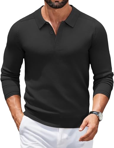 COOFANDY Jersey para Hombre Cuello Polo Jersey Manga Larga Suéter de Punto Negocios Suéter Informal Sweater Básico Color Sólido Regular Fit Negro XL