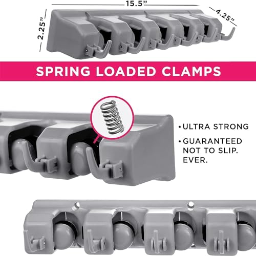 Image of Broom Holder Wall Mounted - 5-Slot Mop Organizer with 6 Hooks, Convenient Storage Stand for Mops, Brooms, Brushes & Cleaning Tools - Space-Saving Wall Hanger