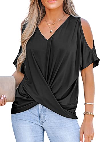 Cupshe Women Summer Cold Shoulder Twisted Front Tops Short Sleeve V-Neck Blouses Top,M Black #TOP8