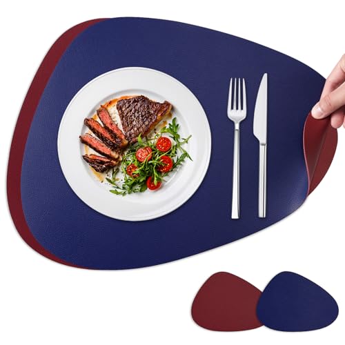 NOSTHEART Manteles Individuales y Posavasos, Salvamanteles Manteles Lavables Individuales Redondos, Manteles Individuales Antideslizantes Impermeables de Doble Cara - Azul Real Rojo, Juego de 2