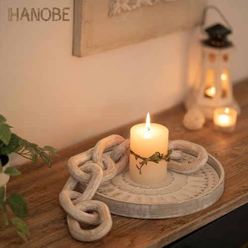 Hanobe Round Decorative Coffee Tray: White Wooden Carved Boho Serving Platter - Farmhouse Style Circle Wood Centrepiece for Counter and Ottoman - Image 2