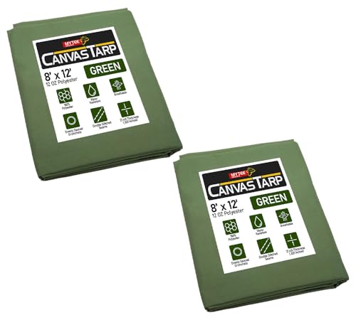 Mytee Products 2 Pack 8' x 12' Green 12oz Canvas Tarp with Grommets - Water Resistant - Heavy Duty Canvas Tarps - Multipurpose Tarpaulin Cover for Canopy Tent, Roof, Camping, Semi Trucks & Cargo
