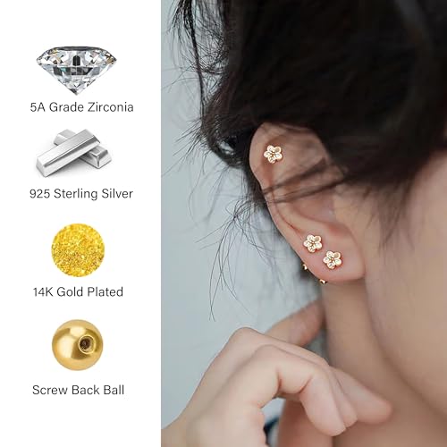 14K Gold Plated Flower Stud Earrings for Women Sterling Silver Hypoallergenic Cubic Zirconia Earrings, Trendy Dainty Cute Screw Back Ear Studs Minimalist Everyday Wear2