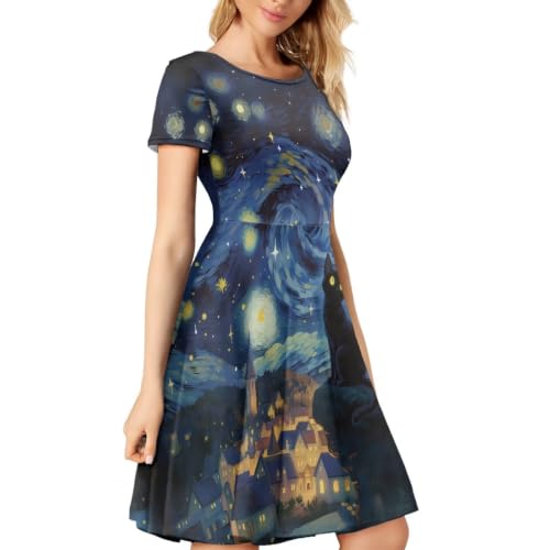 Image of HUGS IDEA Womens Puffy Swing Midi Dress Round Neck Short Sleeve Party A-Line Dresses