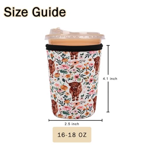 Image of Reusable Insulated Sleeve for Iced Coffee Cup, Coffee Neoprene Sleeve for Cold & Hot Drinks, Beverage Holder for Iced Coffee (Highland Bloom, Small: 16-18oz)