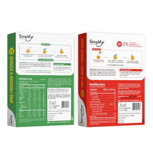 Image of Simplify Tomato Soup and Spinach & Broccoli Soup - Pack of 2 (Serves 5 to 6) I Each Makes 500ml | 0% Additives and Preservatives