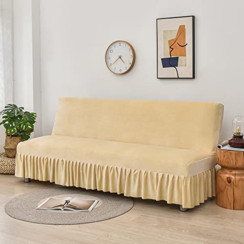 Obokidly Velvet Sofa Bed Cover Futon Slipcover Solid Color Full Folding Elastic Armless For Patio Couch Bench (Beige-With Skirt Ruffled, X-Large(74"-88")) #TOP1